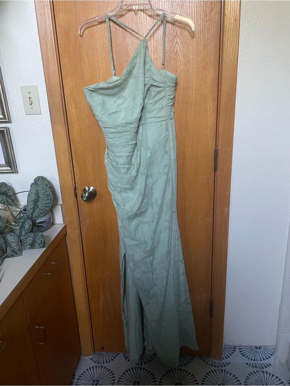 Azazie Elegant Sage Green One-Shoulder Evening Dress, size 10